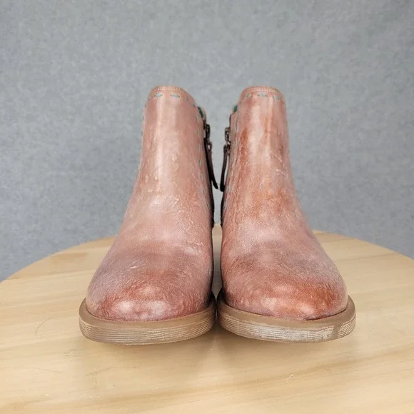 Roan Bed Stu Hostile Chelsea Boots Women 7 Tan Rose Gold Distressed Leather Zip - Picture 3 of 11